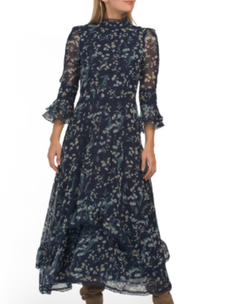 Dalia Macphee Floral Lace Maxi Dress Navy Blue Size Xl Boho Chic